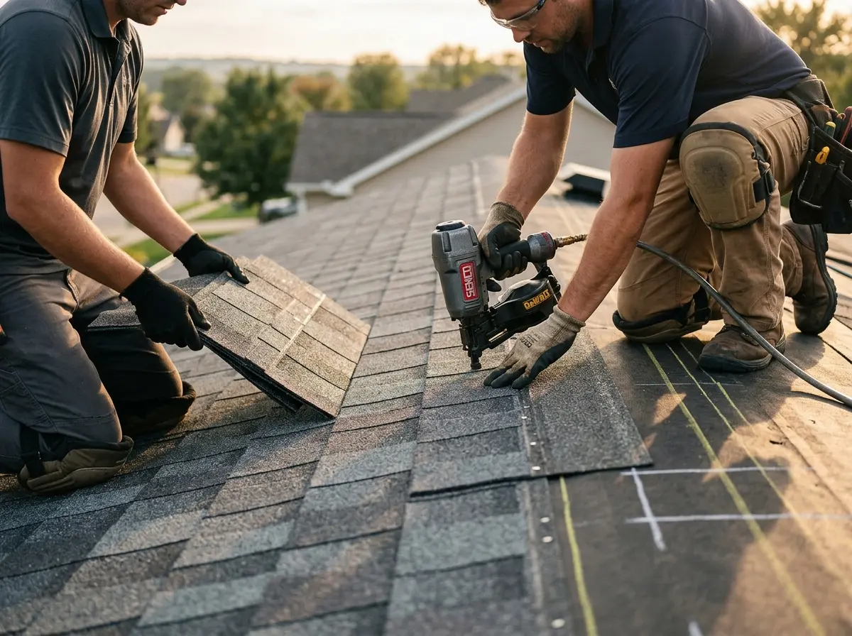 Professional roofer working on a residential roof in Macon